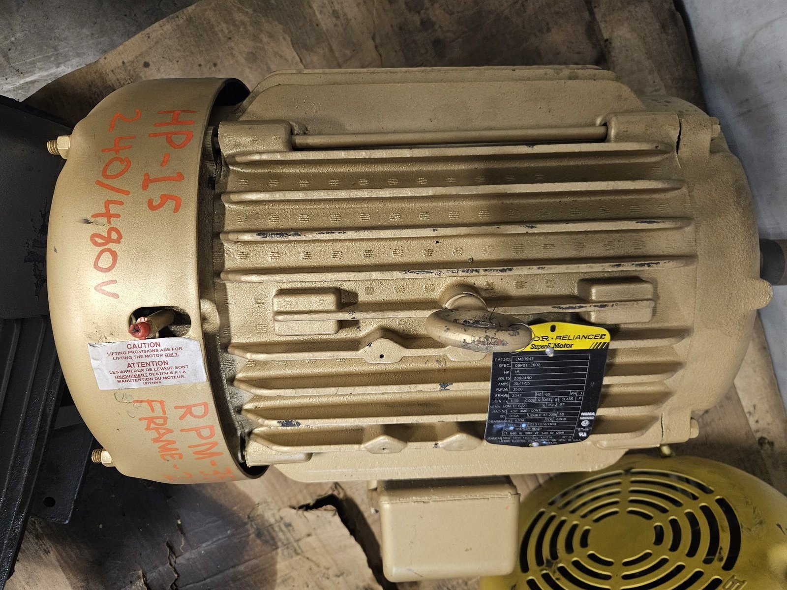 15 HP 3520 RPM Baldor-Reliance #EM2394T, Frame 254T, 230/460 Volts, TEFC, 3 phase, 35/17.5 Amps, Super-E
