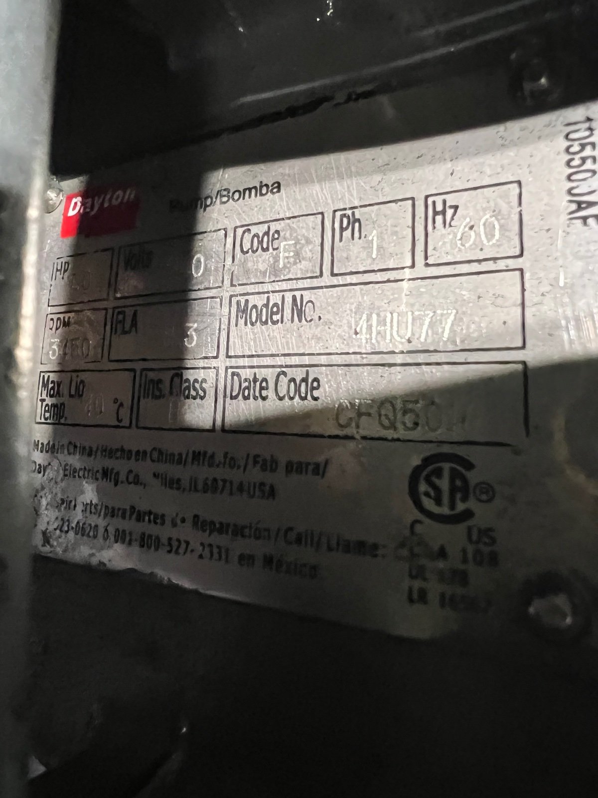 Dayton #4HU77, Submersible Pump, 1 HP, 3450 RPM, 1 Ph., 60 Hz., 40°C max. liquid temp.