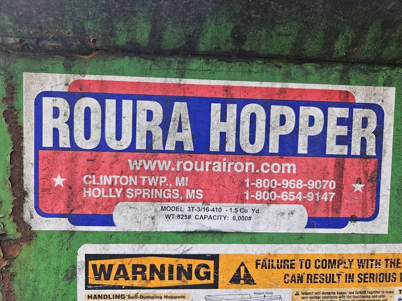 Roura #3T-3/16-410, Self-Dumping Hopper, 1.5 cu. yd., 6000 lb. capacity