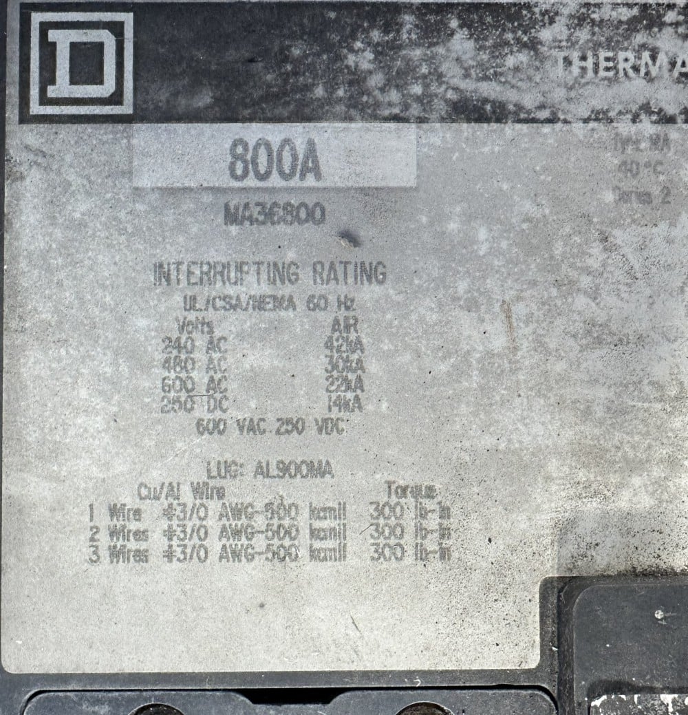 800 Amps, Square D, MA36800, Type MA I-Line, MCCB, 3-Pole, 600 VAC, Adjustable Magnetic Trip, 30kA @ 480V