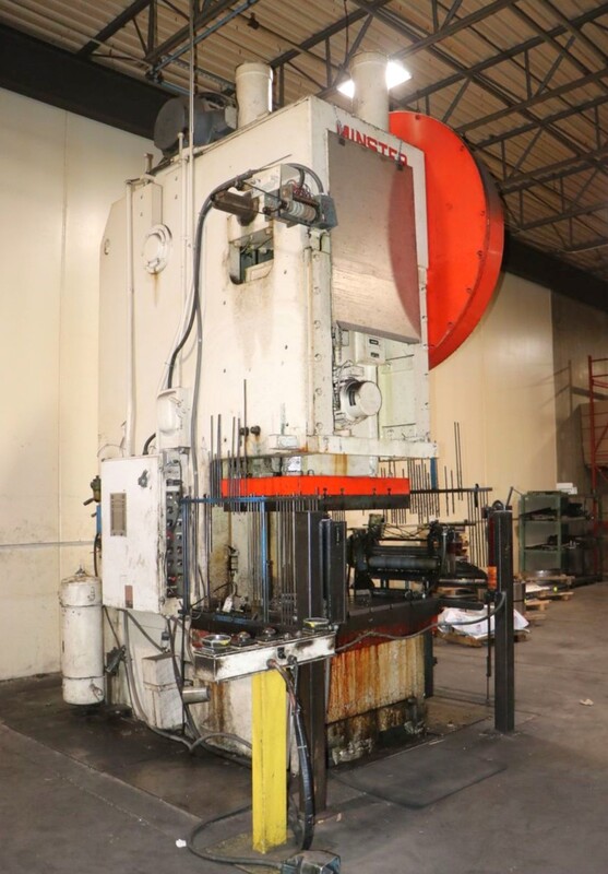 200 Ton, Minster #G1-200, gap frame press, 10" stroke, 25" Shut Height, 6" adj., 58" x 34" bed, 29.5" between