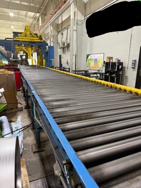 10000 lb. Pomacon, coil packaging line, 72" outside dimension, RL, driven conveyors, hydraulic down-ender