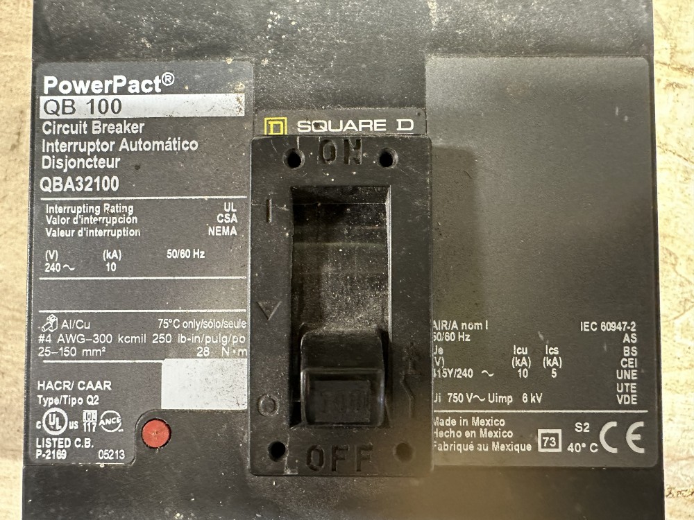 100 Amps, Square D #QBA32100, PowerPact Q-Frame I-Line Circuit Breaker, 3-pole, 240 VAC, 10 kA