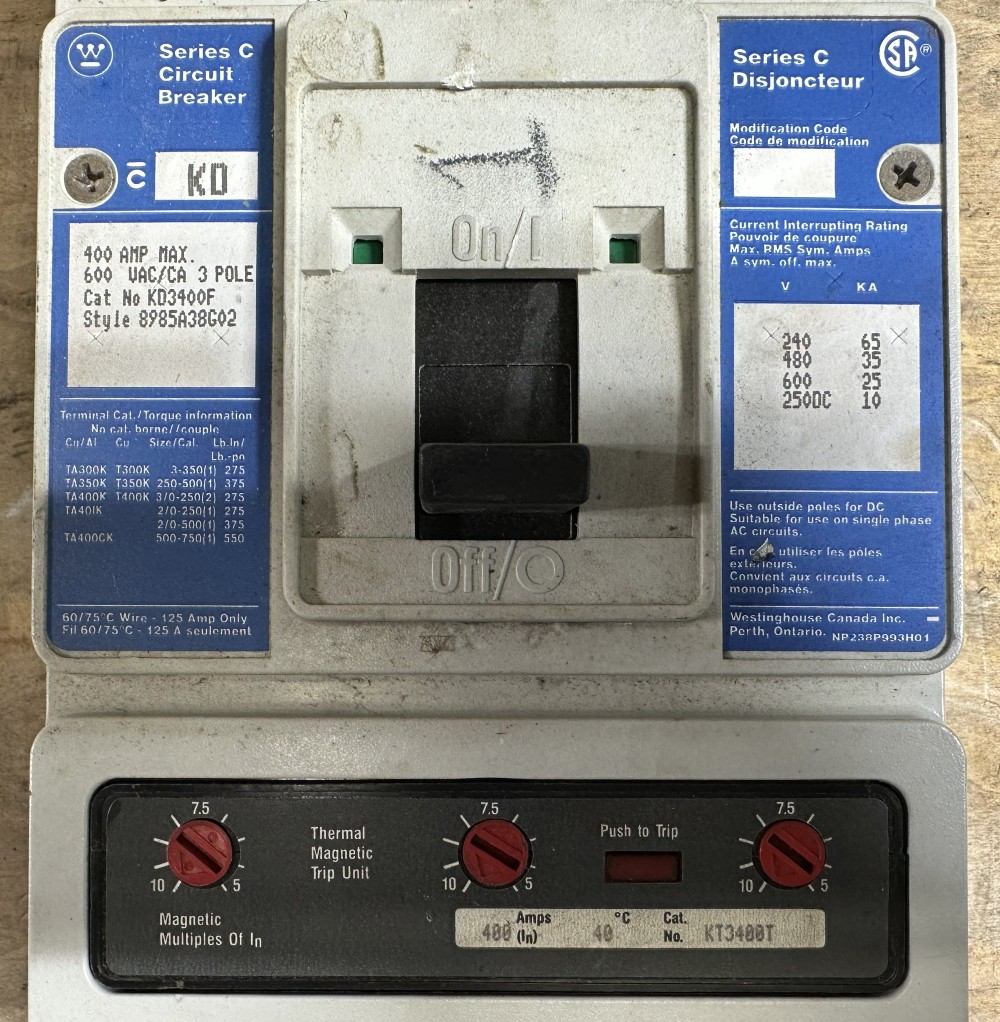 400 Amps, Westinghouse, KD3400F, KT3400T trip, Series C, Molded Case Circuit Breaker, 3-pole, 600 VAC, adj.