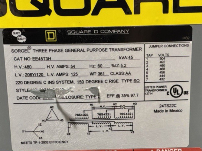 45 KVA 480 Primary, 208Y/120 Secondary, Square D EE45T3H, Dry Type Transformer, 3PH, 60 Hz