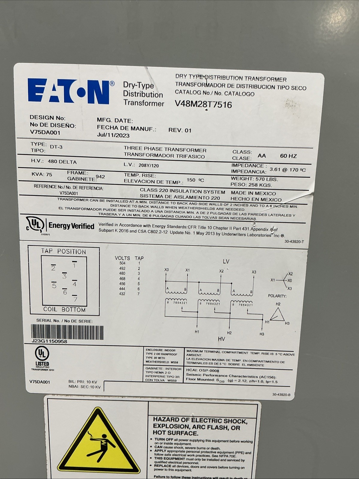 75 KVA 480 Delta Primary, 208Y/120 Secondary, Eaton V48M28T7516, Dry Type Transformer, 3PH, 60 Hz
