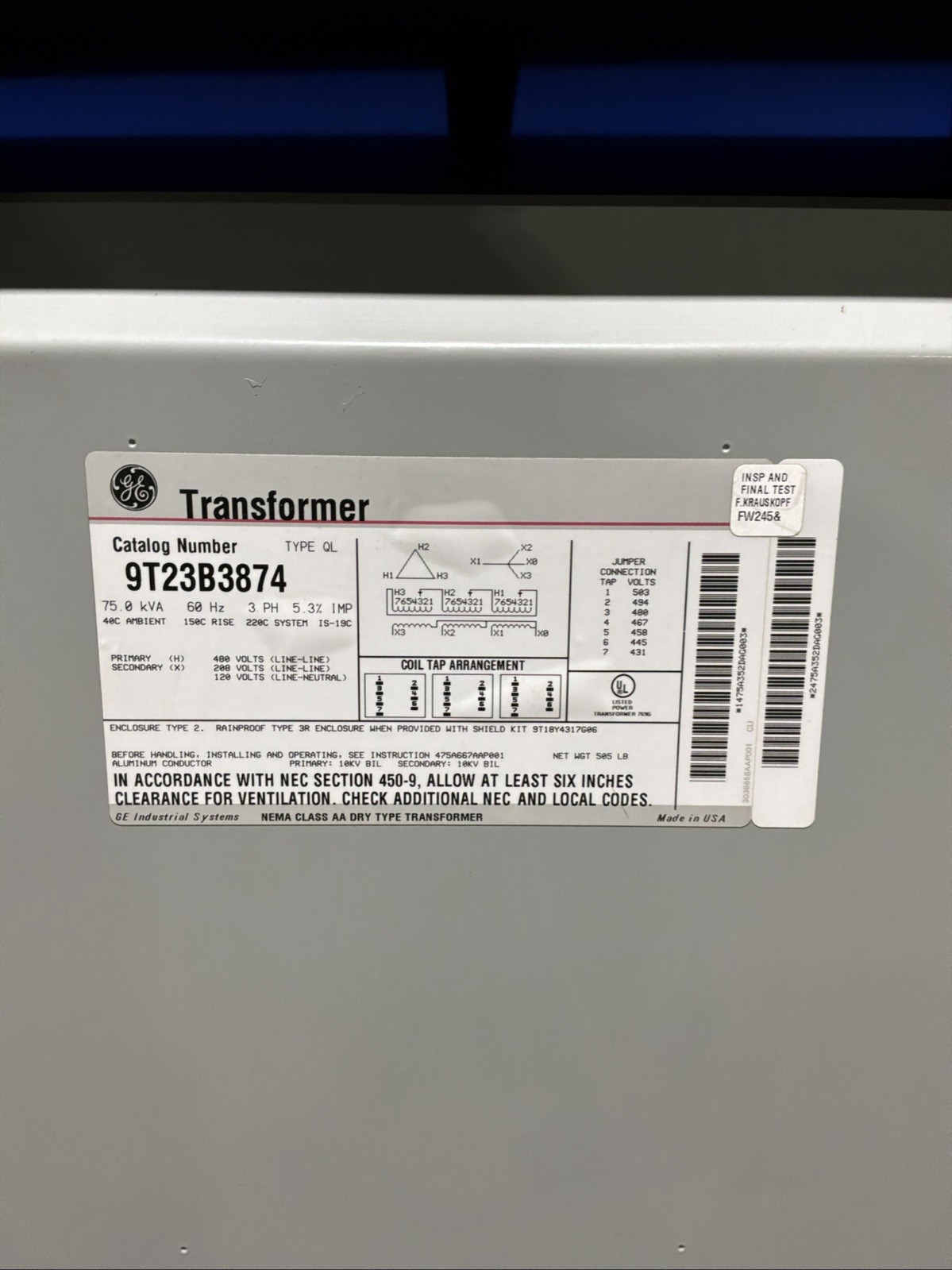 75 KVA 480 Primary, 208Y/120 Secondary, General Electric 9T23B3874, Dry Type Transformer, 3PH, 60 Hz
