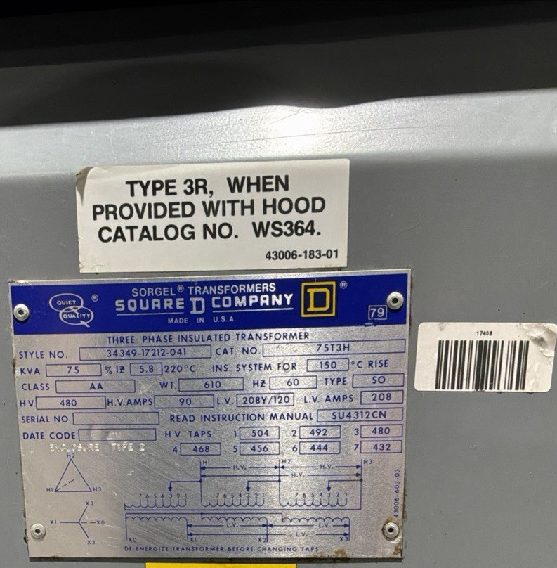 75 KVA 480 Primary, 208Y/120 Secondary, Square D 75T3H, Dry Type Transformer, 3PH, 60 Hz