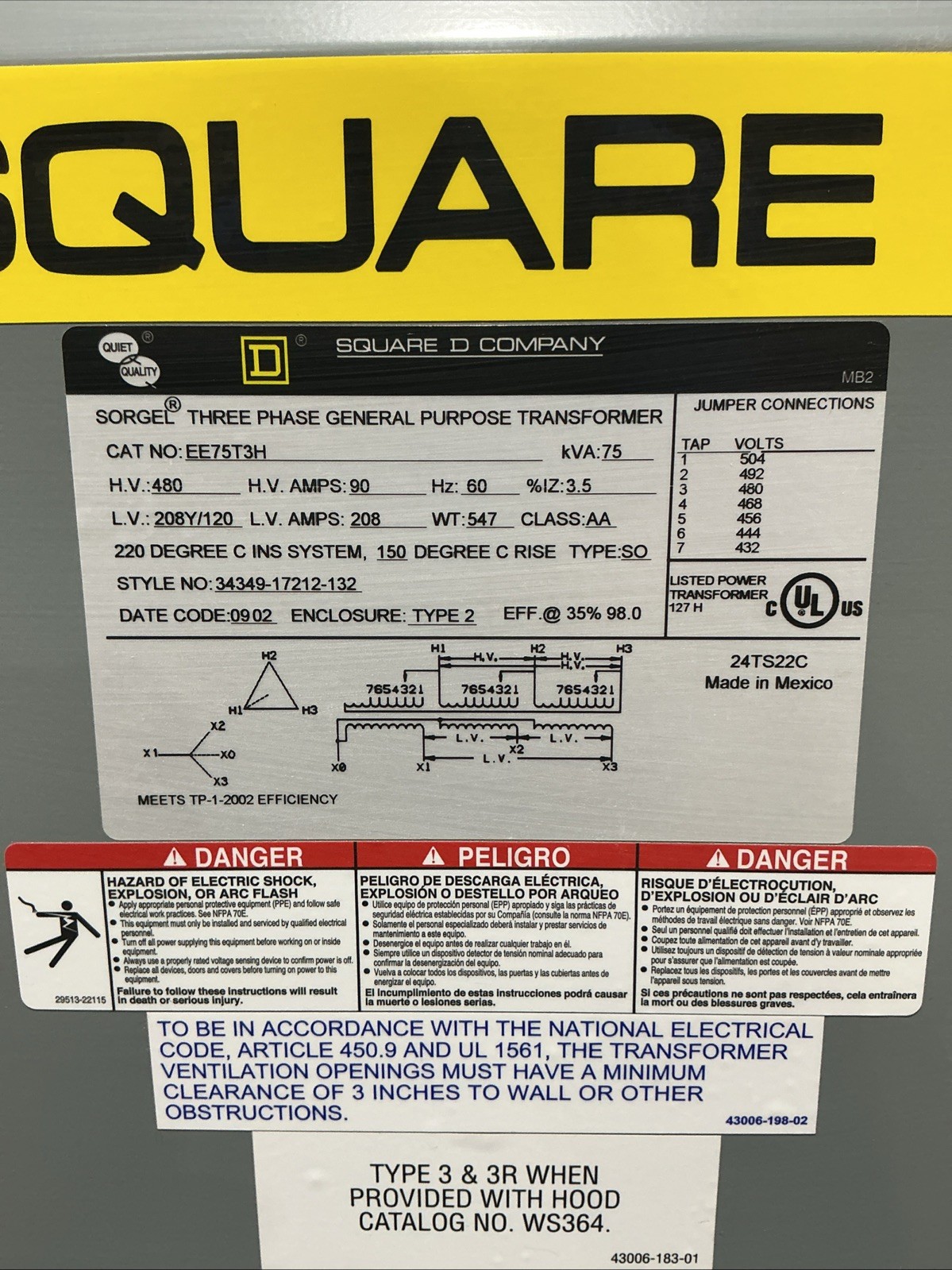 75 KVA 480 Primary, 208Y/120 Secondary, Square D EE75T3H, Dry Type Transformer, 3PH, 60 Hz