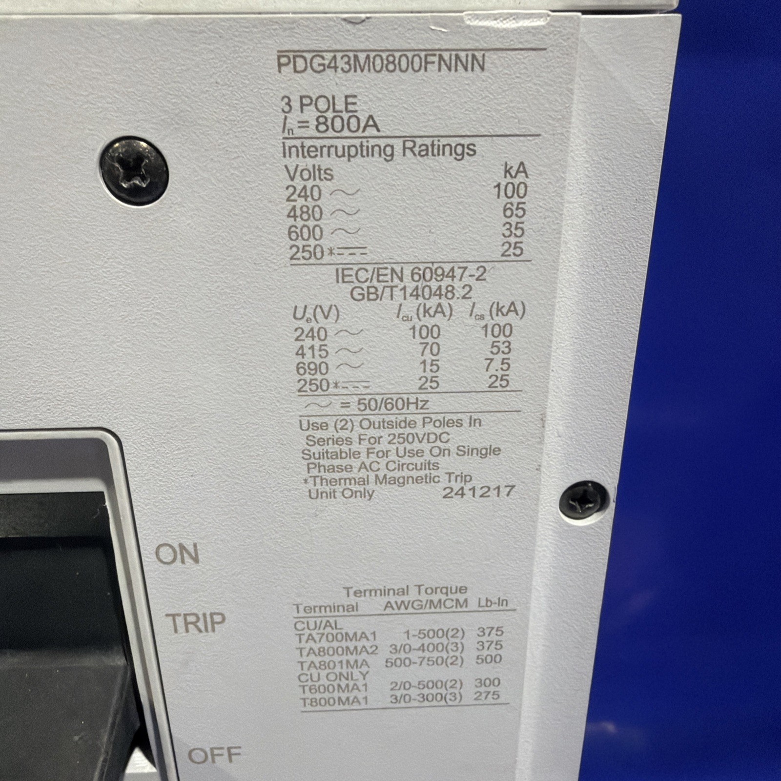 800 Amps, Eaton #PDG4, Bolt-On Circuit Breaker, 3 Pole, 600 Volts