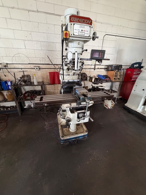 Ganesh #GMV-2, vertical mill, 9" x 49" table, 38" X, 12" Y, 16" knee, 60-4500 RPM, R-8, 3 HP, X-Axis power