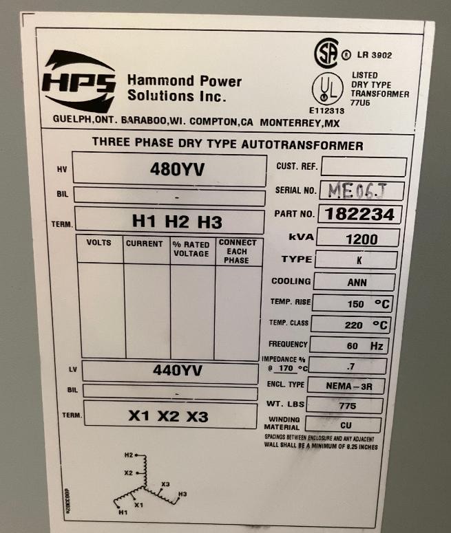 1200 KVA 480 Primary, 440Y Secondary, Hammond HPS, Autotransformer