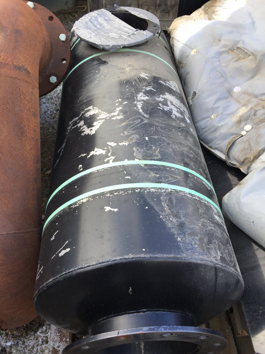 12" flanged residential grade muffler, 6' 6" long, 26" wide, side in, end out, new