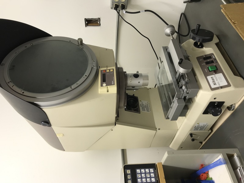 12" Nikon #V-12B, optical comparator, bench model, vertical projection, 10x 20x 50x 100x lenses, Quadra-Chek