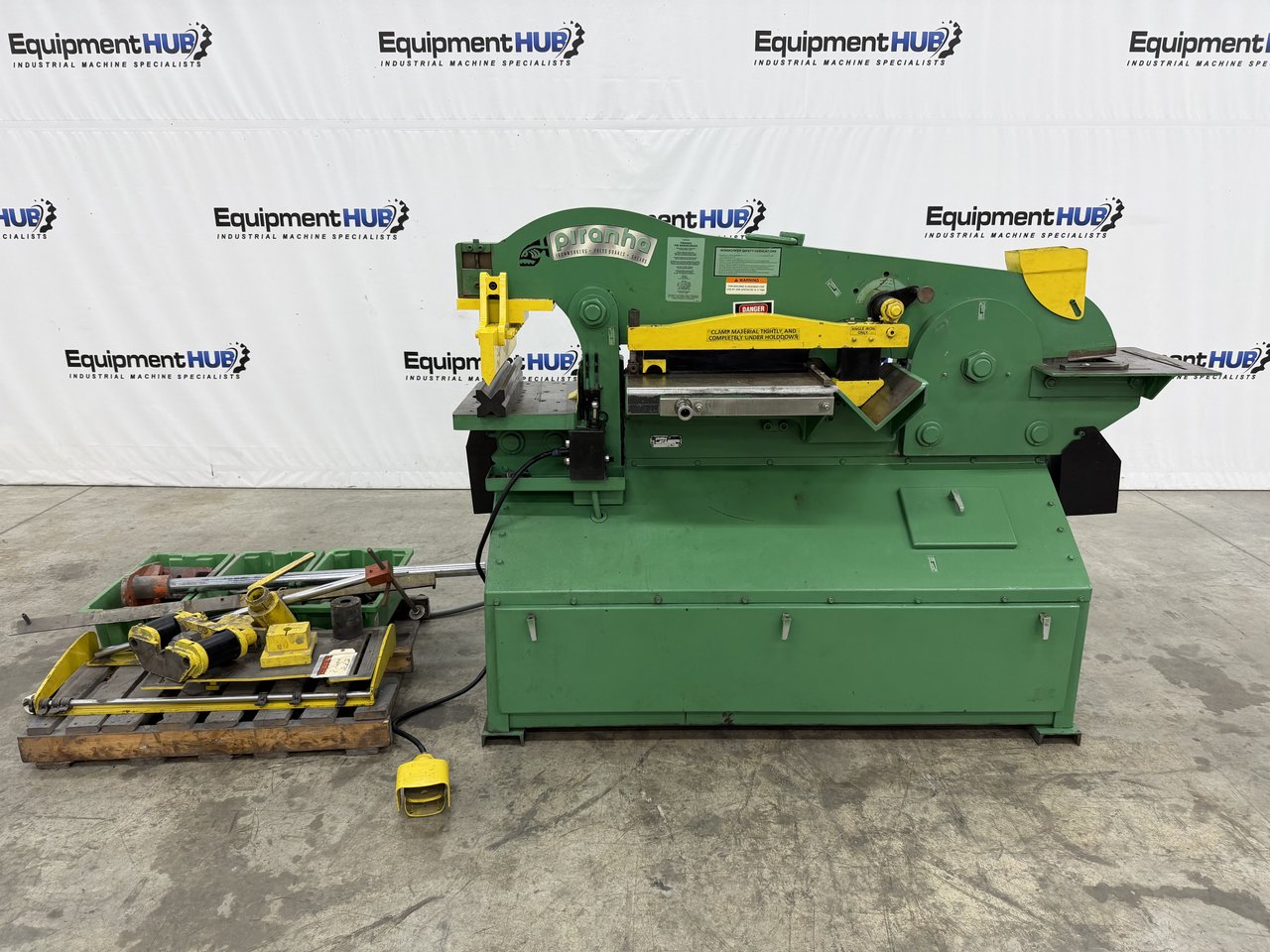 6" x 6" x 5/8" Piranha #P-90, hydraulic ironworker with 2' press brake attachment, 90 ton