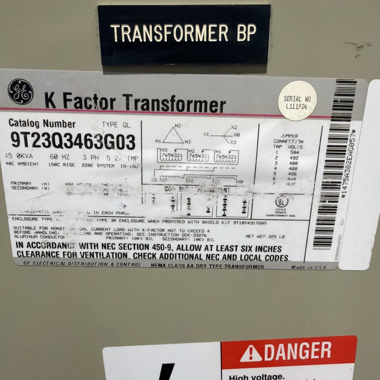 45 KVA 480 Primary, 208Y/120 Secondary, General Electric 9T23Q3463G03, Type 2 Transformer, 3PH, 60 Hz