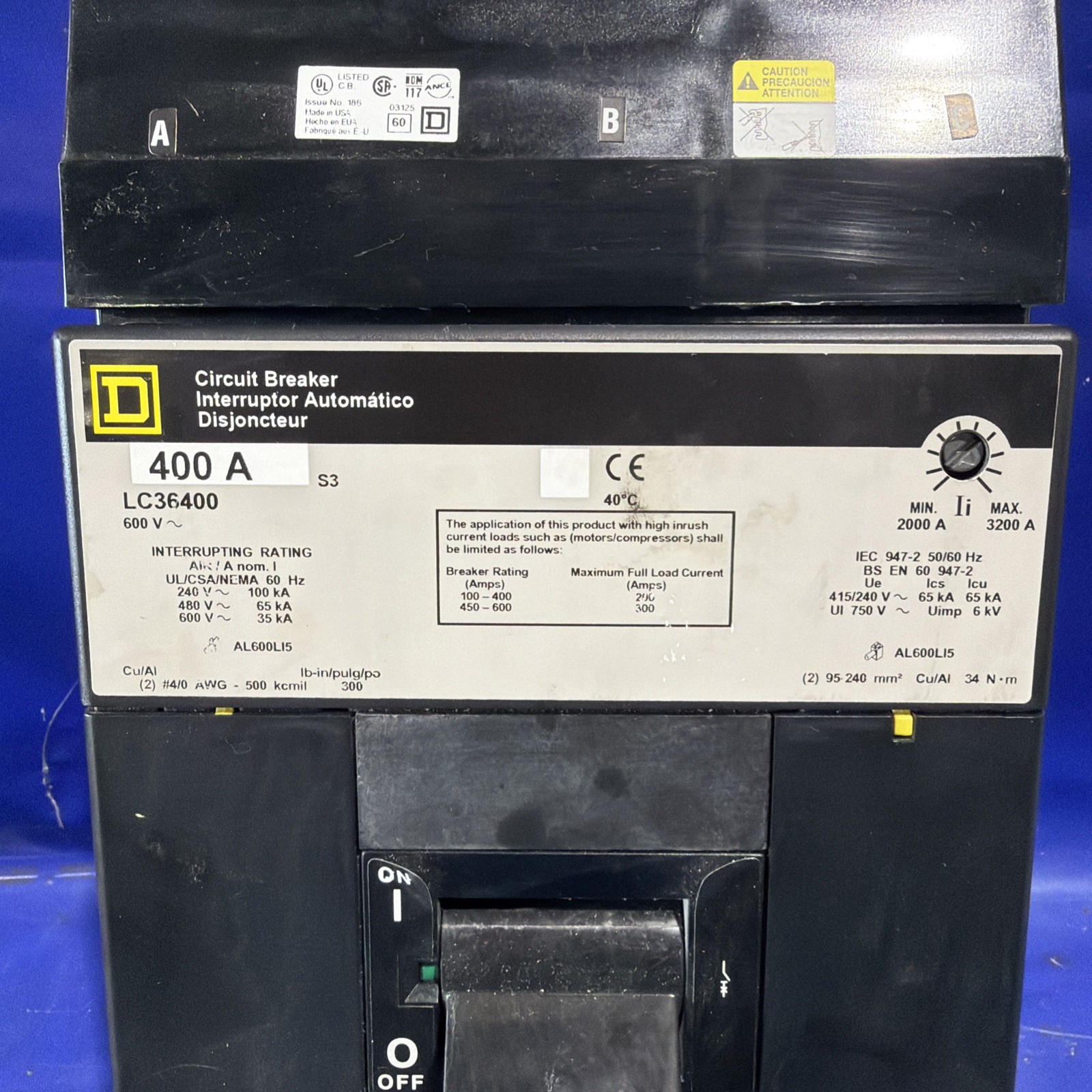 400 Amps, Square D #LC36400, I-Line circuit breaker, 600 Volts, 3 Pole, 35kA