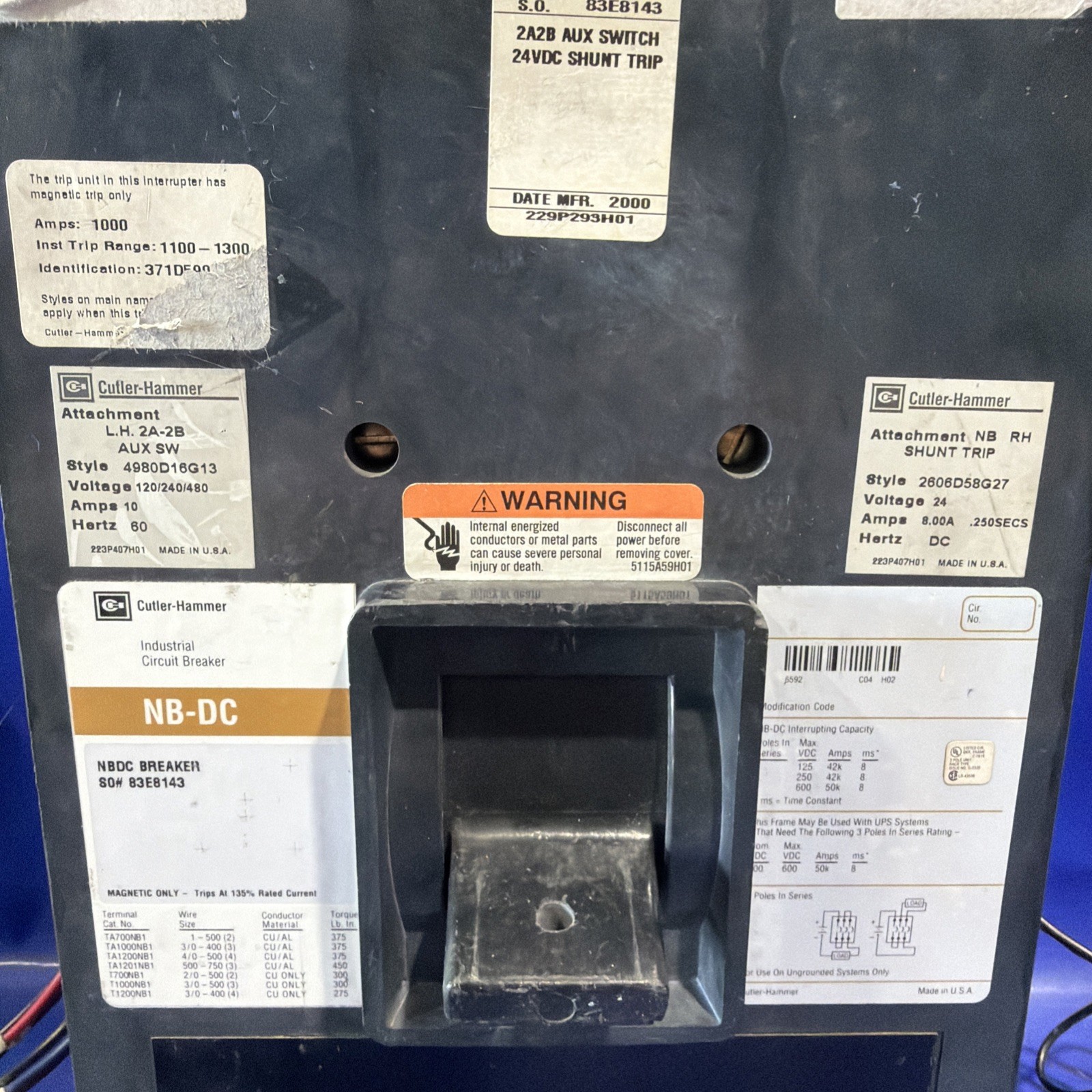 1000 Amps, Cutler-Hammer #NB-DC, magnetic trip circuit breaker, 600 Volts, 3 Pole, 24 VDC shunt trip