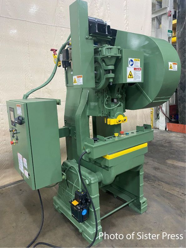25 Ton, Rousselle #3-F, OBI flywheel press, 2" stroke, 10.75" Shut Height, 2" adj., 20" x14" bed, 135 SPM