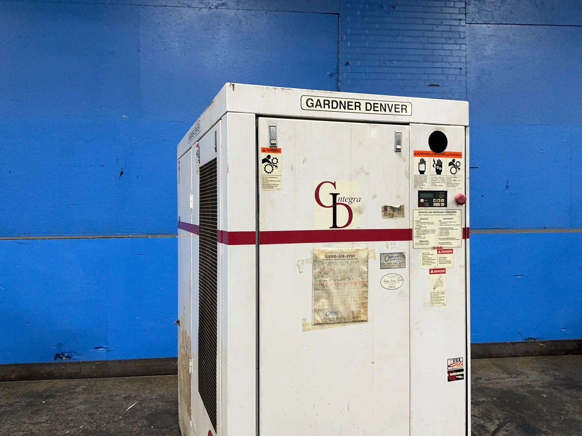 125 PSIG, Gardner Denver #EFE99A, air compressor, 75 HP, air cooled with aftercooler, NEMA 12 control box