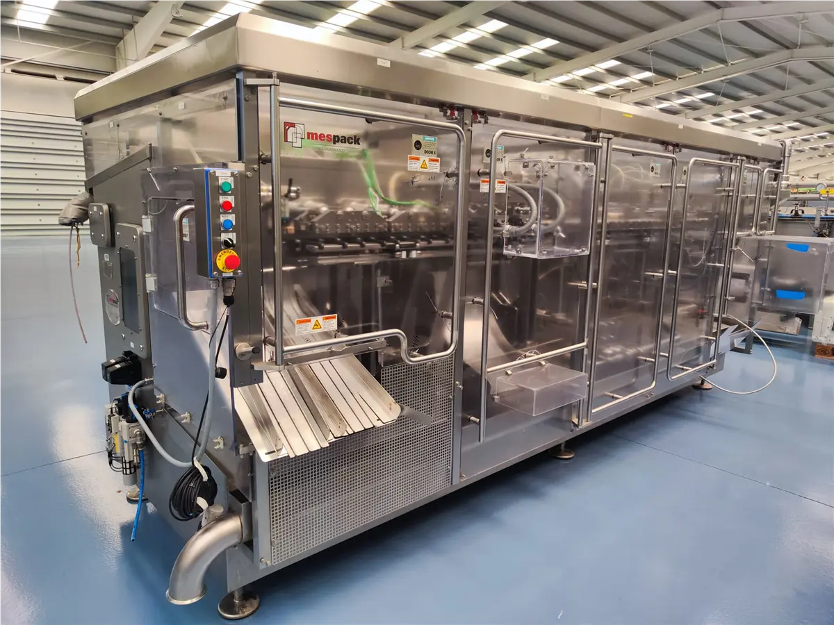 Mespack #H-320-SCD, pre-made pouch filler & sealer, 100 pouches/minute, 3 filling stations, 1 kg max. fill