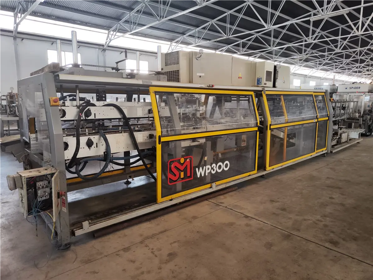 SMI #WP300, wrap-around case packer, 30 packs/minute, hot melt glue