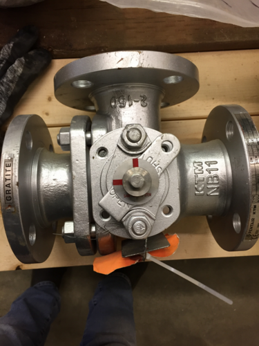 2" KTM, three way ball valve, stainless steel ball & stem, 150 lb. flange face, high temp graphite seats, new