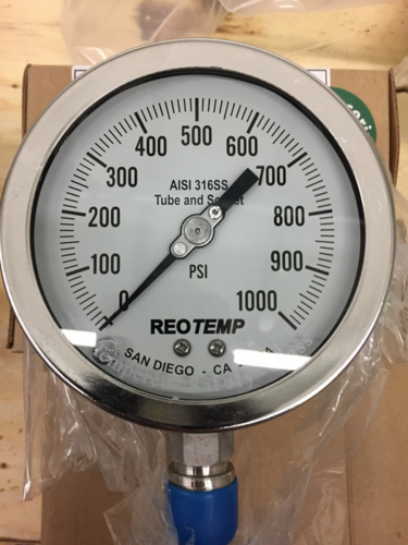 Reo-Temp, gauge, 0-1000 psi, 316 Stainless Steel, liquid filled, 1/2" NPT bottom mount (3 available)