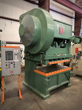 75 Ton, L & J #G2-75, gap frame double crank press, 4" stroke, 14" Shut Height, 30-60 SPM, 1986