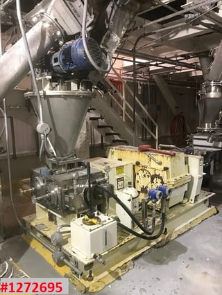 Hosokowa Bepex #MS-36, 2-roll compactor, 12" dia. x 5" wide smooth rolls, Stainless Steel, 36 tons, 10 HP