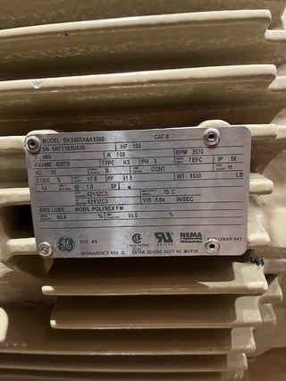 100 HP 3600 RPM General Electric, Frame 405TS, 460 Volts