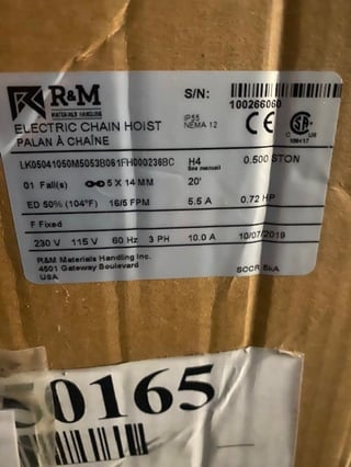 .5 Ton, R & M #LK05C041050-LK-ECH, electric chain hoist