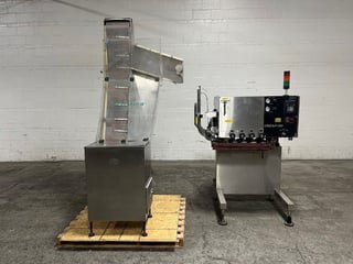 CVC #UCAP150-S016, Inline Capper, 8 Quil, w/Powered Side Belts & Capacity Hopper Elevator, 220 V