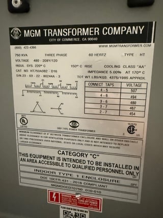 750 KVA 480 Primary, 208Y/120 Secondary, MGM, Dry type Transformer, 3 Phase