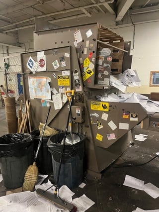 Allegheny Bradford #20-350-C, complete paper shredding line-infeed tipper, shredder, conveyor and 2 balers