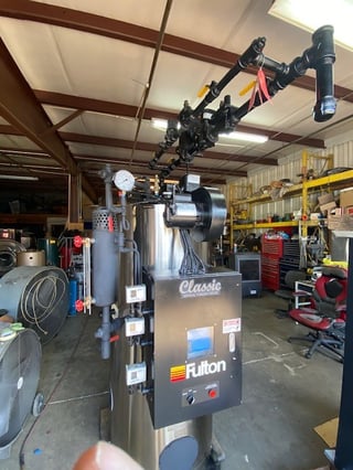 15 HP Fulton Classic #FB-015-A, vertical tubeless steam boiler, 150 psi, like new, 2019