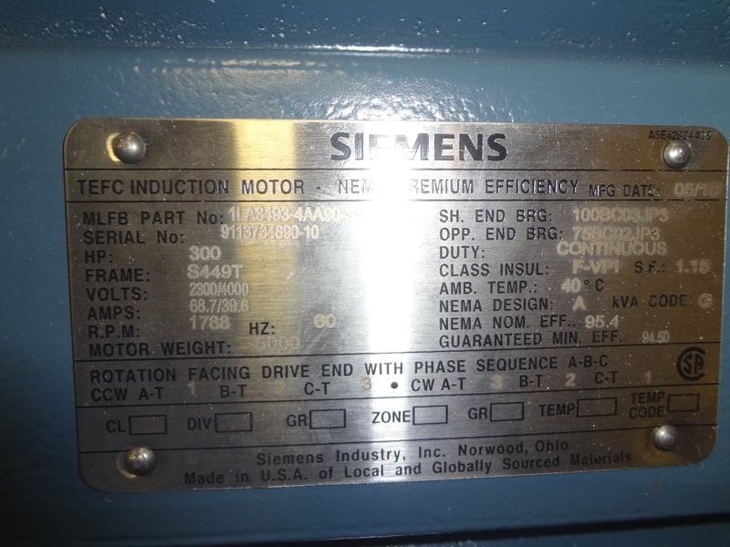 300 HP 1800 RPM Siemens, Frame 449T, TEFC, BB, new, 2300/4000 Volts for ...