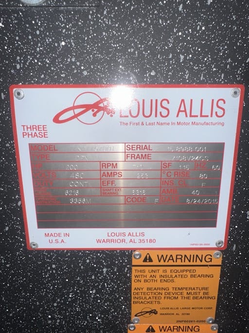 200 HP 710 RPM Louis Allis, Frame 7108V24CS, Drip-Proof Ball Bearing, 480 Volts