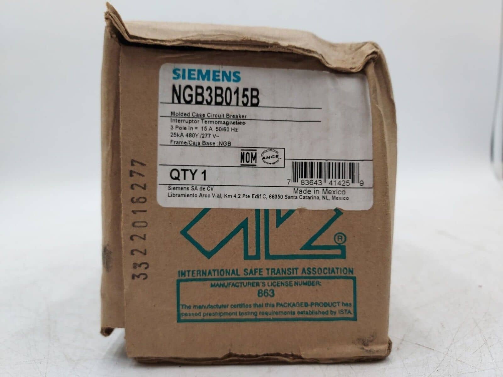 15 Amps, Siemens #NGB3B015B, Circuit Breaker, 3-Pole, 480 Volts, Bolt-On, NEW