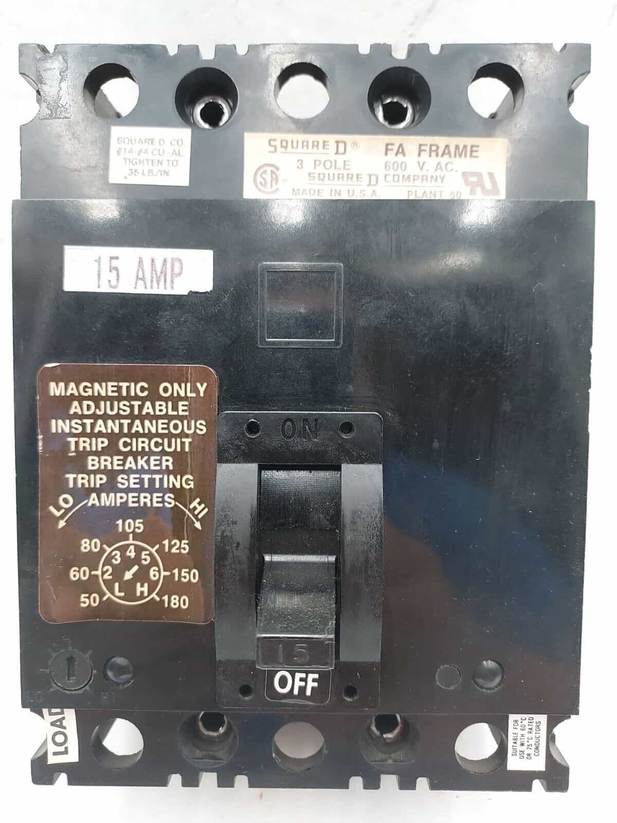 15 Amps, Square D #FAL3601513M, Circuit Breaker, 3-Pole, 600 Volts, Bolt-On