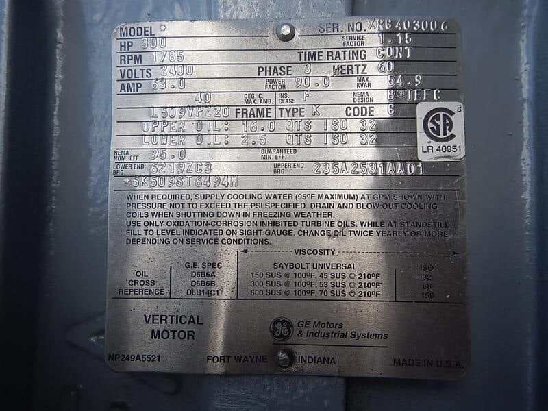 300 HP 1785 RPM General Electric, Frame L509VPZ20, TEFC BB, 2400 Volts ...