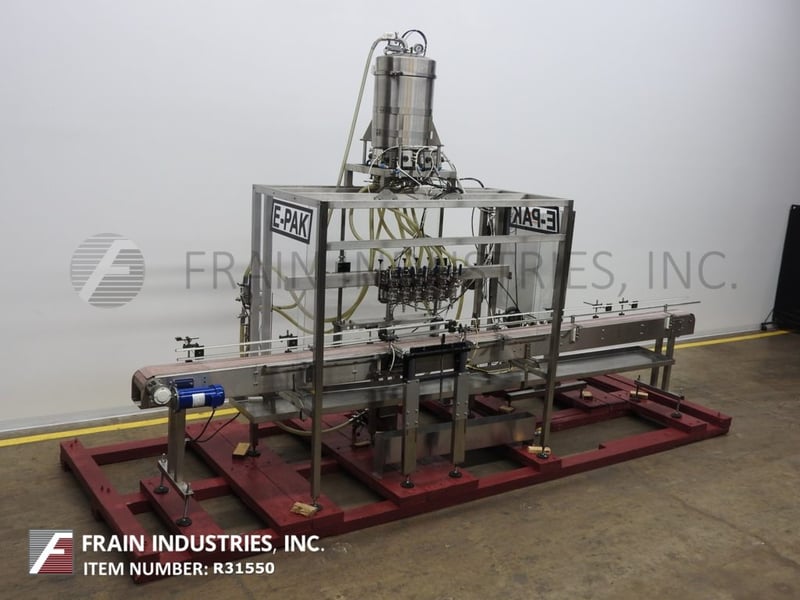 E-Pak, 6 head, inline, Stainless Steel, positive displacement filler, with 19' x 7-1/2" delran container