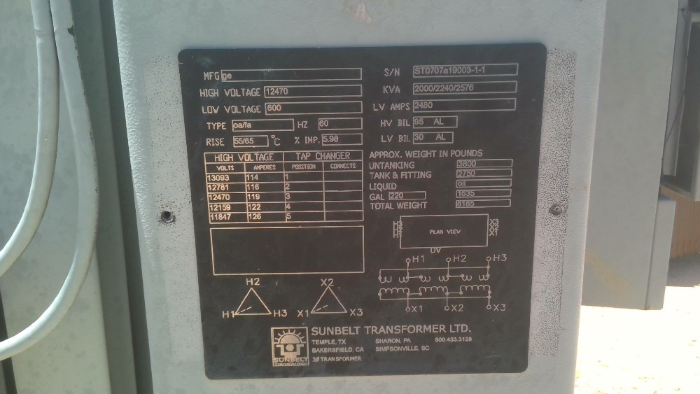 2000/2576 KVA 12470 Delta Primary, 600 Delta Secondary, Sunbelt