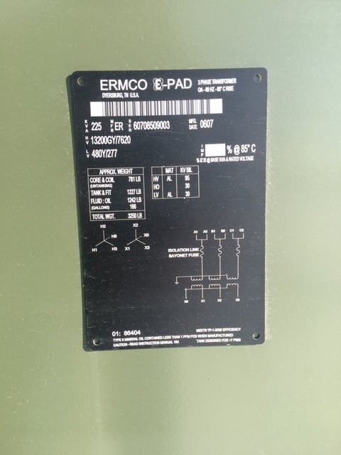 225 KVA 13200Y/7620 Primary, 480Y/277 Secondary, Ermco, DF, LF, bau, unused (4 available)
