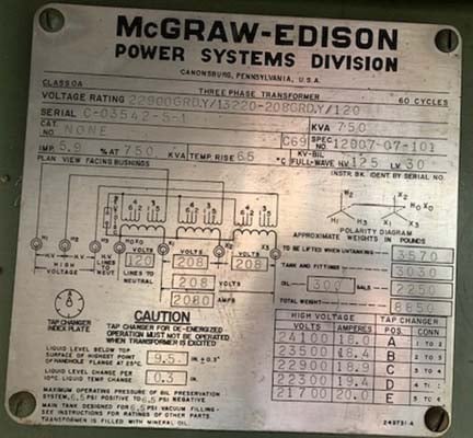 750 kVA, 22900/13200 GRDY Primary, 208/120 WYE Secondary, Mcgraw-Edison Edison, Loop Feed, Dead Front