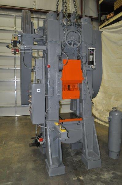400 Ton, Minster #90-400, knuckle joint press, 3" stroke, 15.5" SH over bolster, 1/2"ram adj.