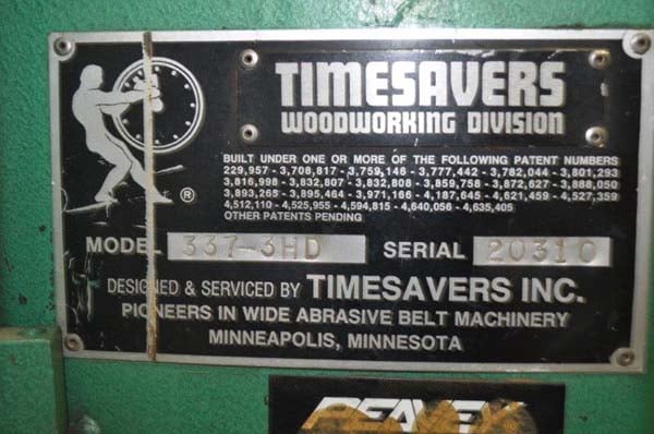 37" Timesavers #337-3HD, woodworking belt sander, 3 grinding heads,  electric eye tracking, variable speed solid rubber feed belt, automatic belt  tracking, air tensioning of belt, S/N 20310 for Sale | Surplus Record