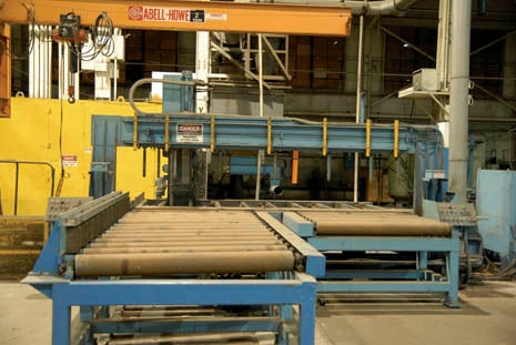 Tannewitz #6024MH, vertical band type plate saw, 24" x 44", 36" wheel diameter, 80-3600 FPM, S/N 95022, 1995