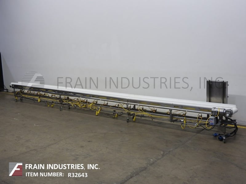 14" wide x 29.6' long, Dorner, Stainless Steel frame belt conveyor, 24" to 28" infeed / discharge range with