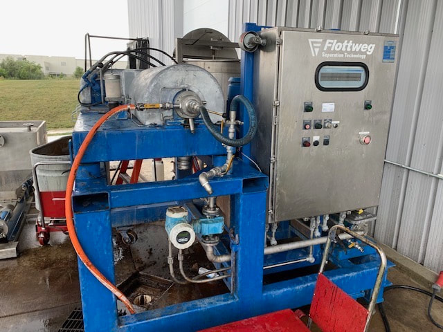 Flottweg #Z23-4/441, tricanter, 9", hydraulic drive, feed pump, mounted on skid